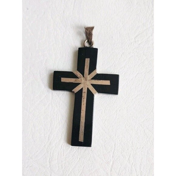 Vintage Taxco TE-176 Onyx Sterling Silver Inlay Cross Pendant 2.75" 20.35g - Picture 1 of 6